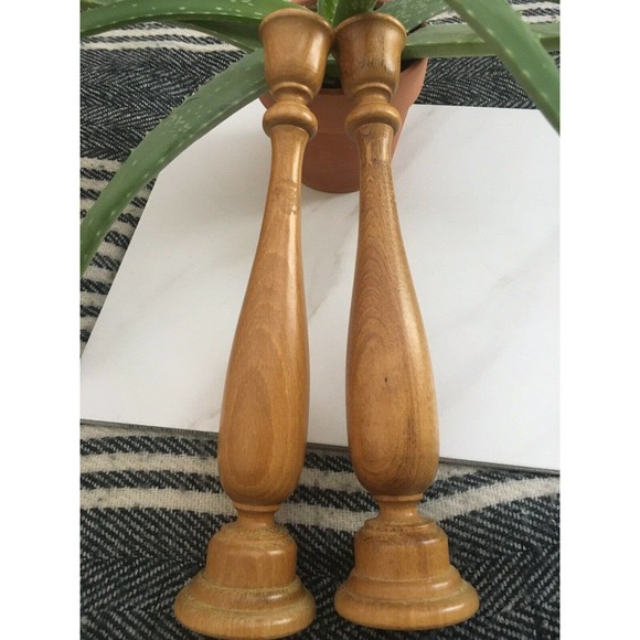 Vintage mcm candlesticks turned wood scroll 11" tapered candle holders - Picture 9 of 10